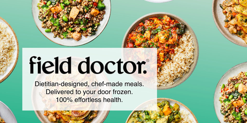 A banner for Field Doctor ready made meals. Several plates are arranged over a green background. Overlaid is the text: "Field Doctor. Dietitian-designed, chef-made meals. Delivered to your door frozen. 100% effortless health."