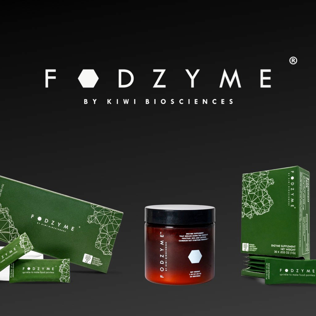 A banner for FODZYME products. At the top, the words "FODZYME by Kiwi Sciences". Across the banner, the three FODZYME products are displayed.