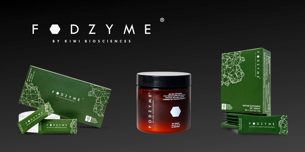 A banner for FODZYME products. At the top, the words "FODZYME by Kiwi Sciences". Across the banner, the three FODZYME products are displayed.