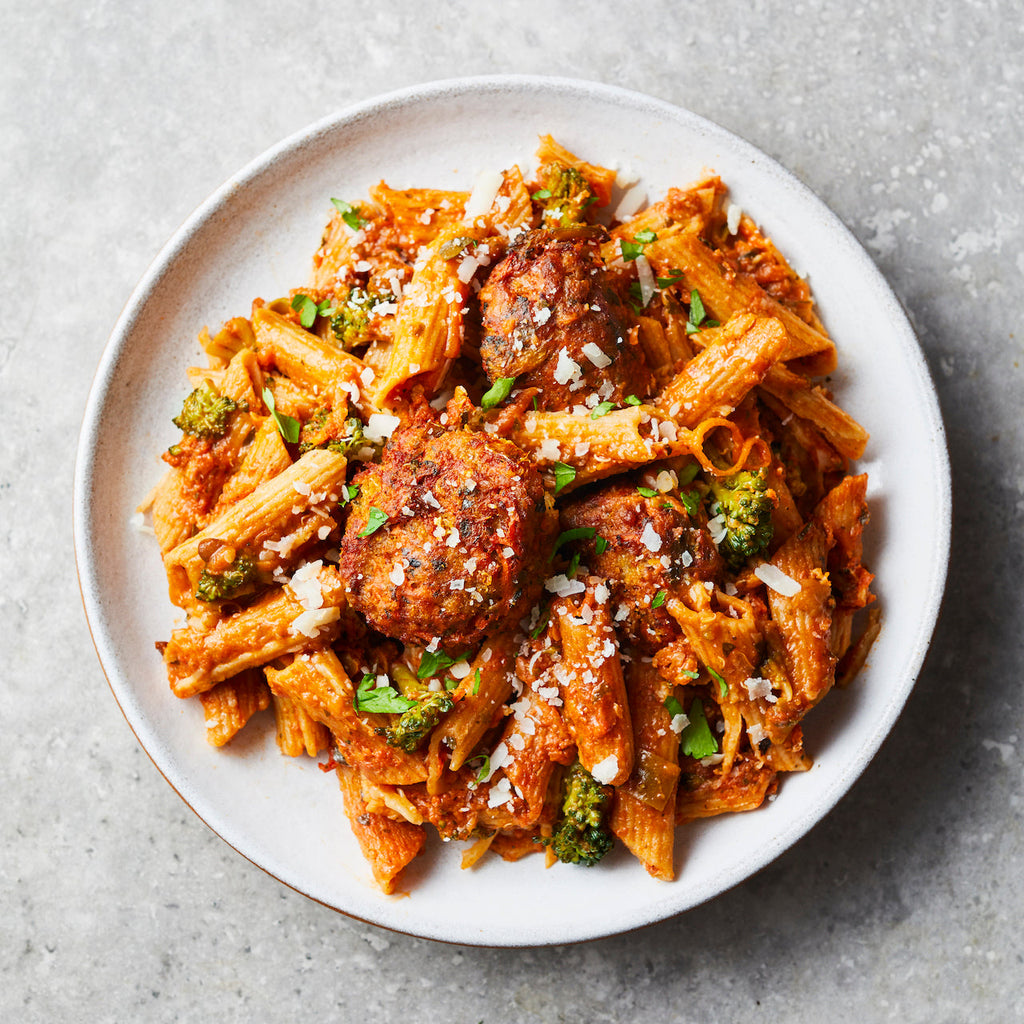 Field Doctor's Meatballs + Broccoli Penne in Tomato Sauce meal
