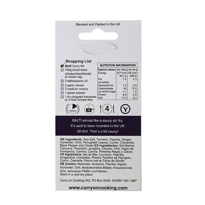 A packet of Curry On Cooking's Balti Curry Kit, seen from the back