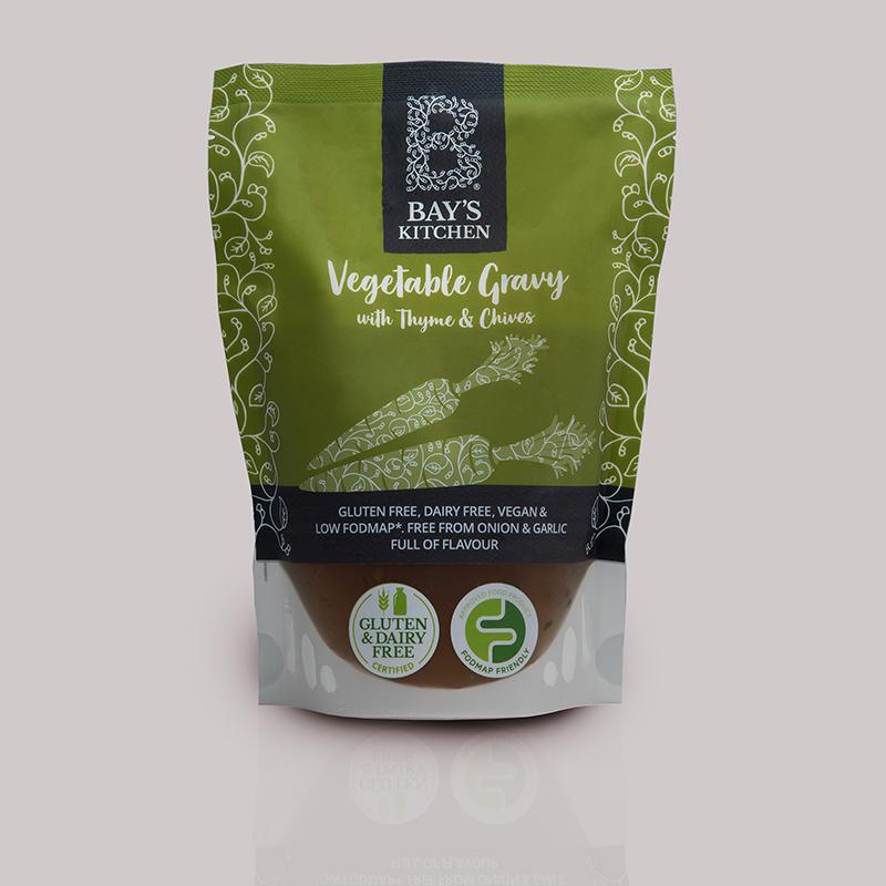 A packet of Bay's Kitchen Vegetable Gravy on a grey background
