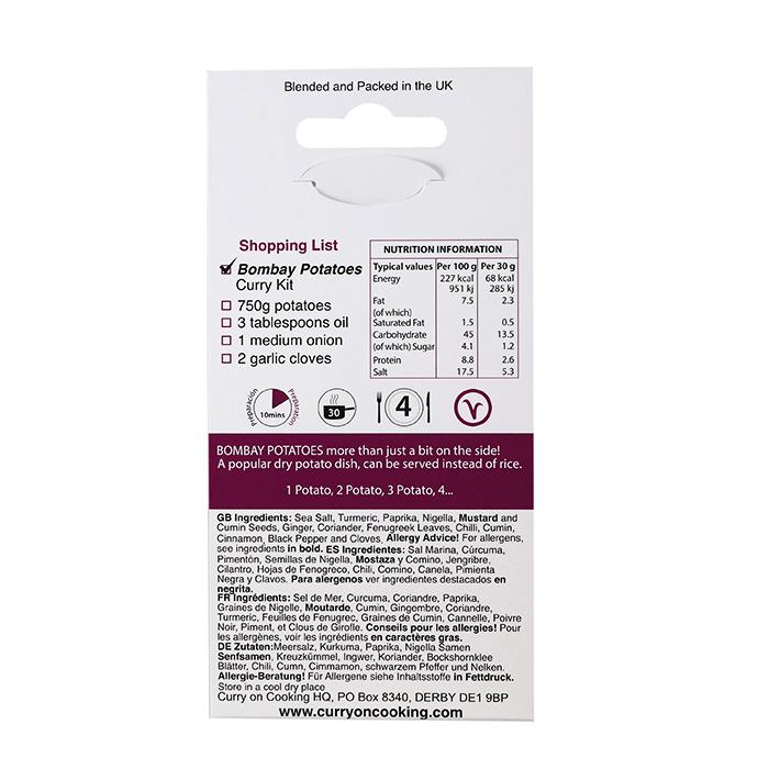 A packet of Curry On Cooking's Bombay Potato Curry Kit, seen from the back