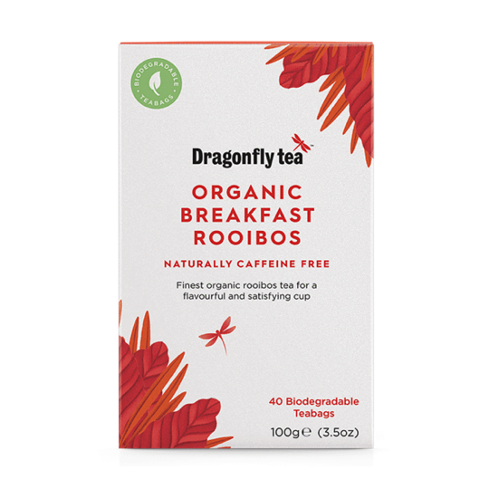 A box of Dragonfly breakfast rooibos teabags