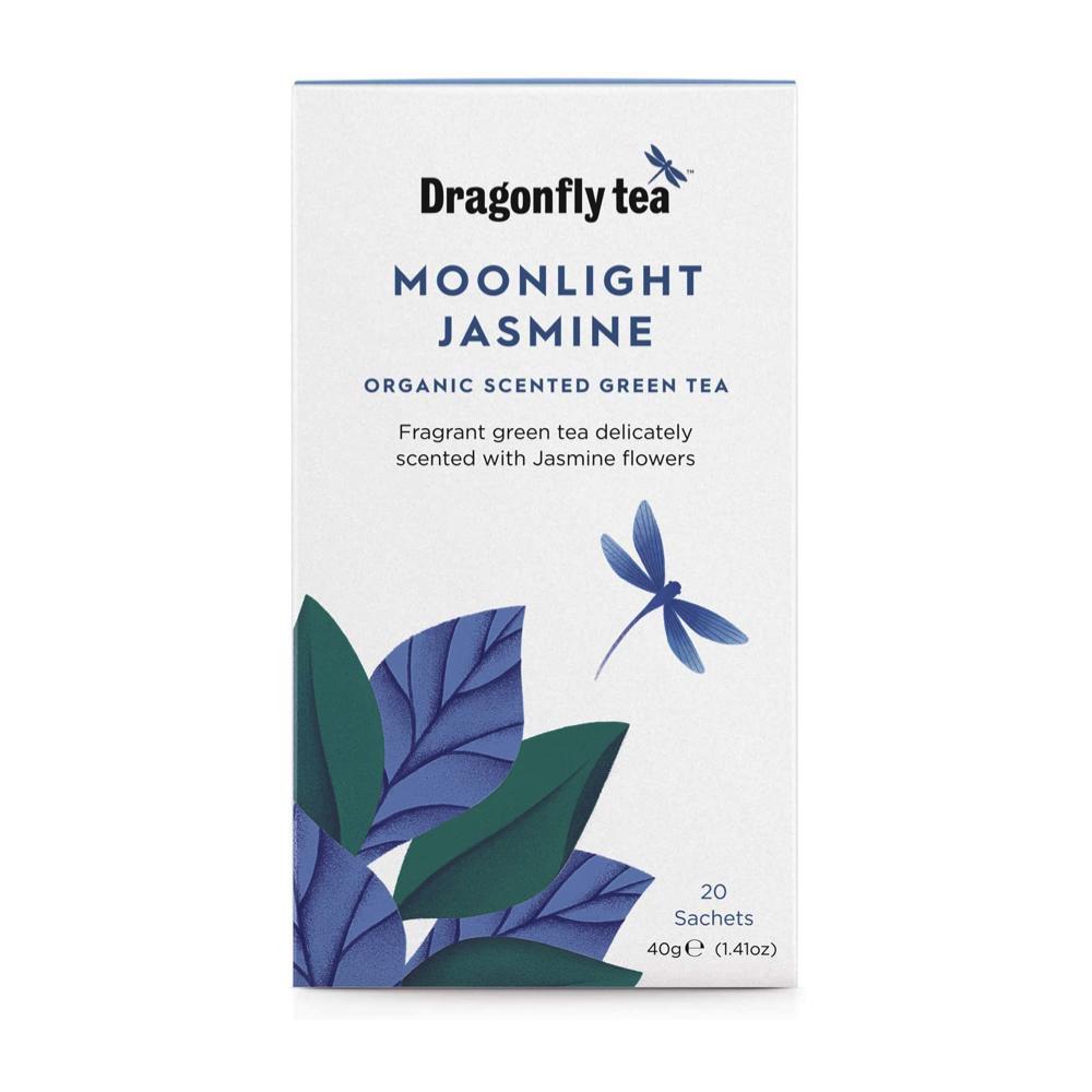 A box of Dragonfly moolight jasmine green teabags