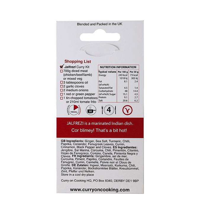 A packet of Curry On Cooking's Jalfrezi Curry Kit, seen from the back