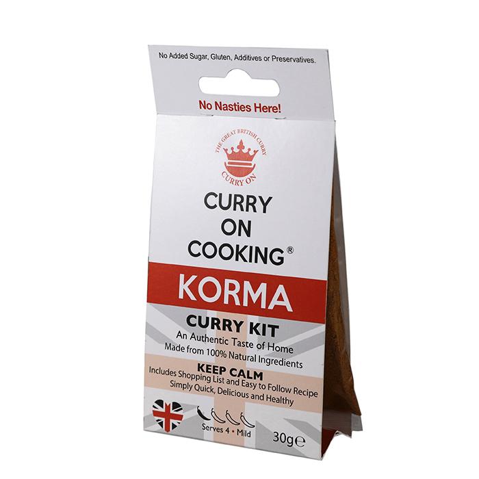 A packet of Curry On Cooking's Korma Curry Kit, seen from the front