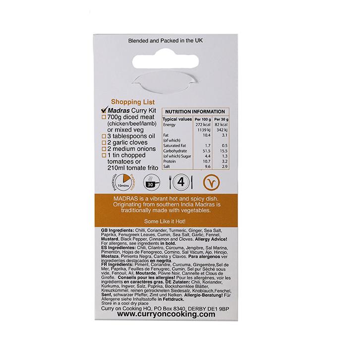 A packet of Curry On Cooking's Madras Curry Kit, seen from the back