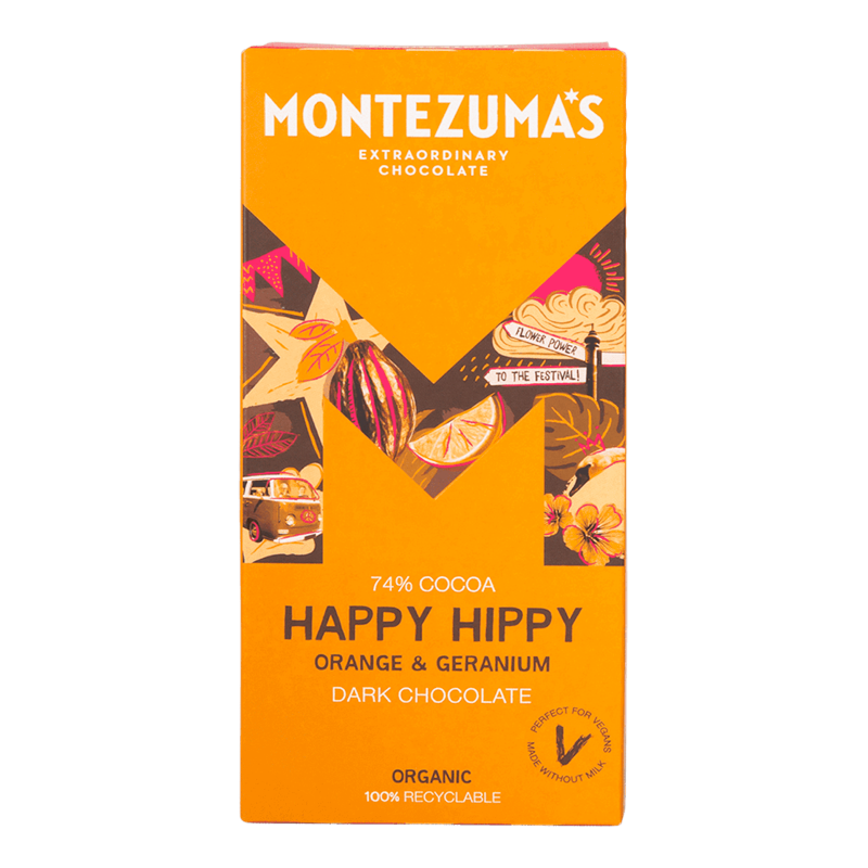 A bar of Montezuma's Happy Hippy dark chocolate with orange and geranium