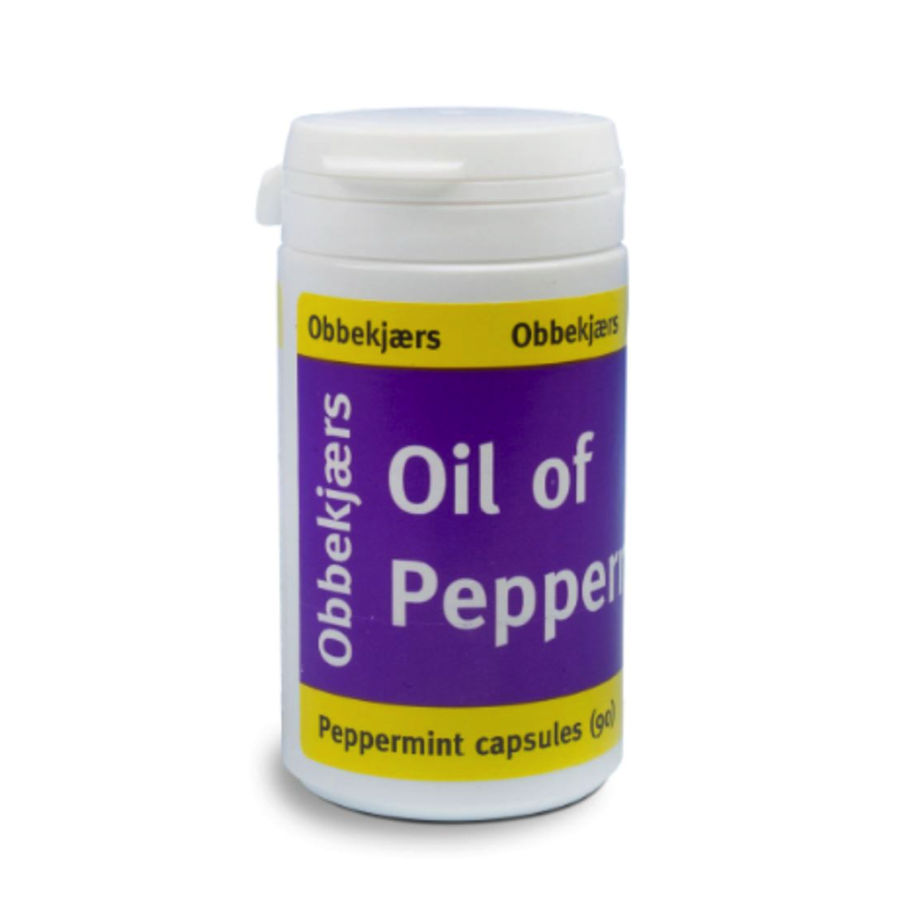 A pot of Obbekjaers 90 50mg Peppermint Oil Capsules