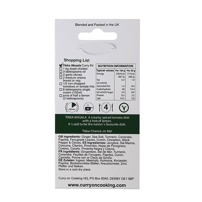 A packet of Curry On Cooking's Tikka Masala Curry Kit, seen from the back